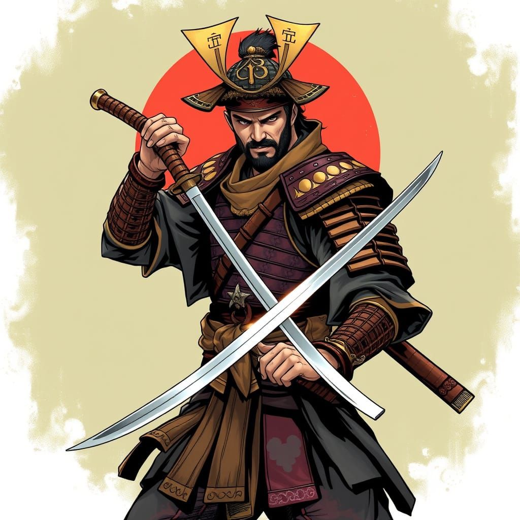 Samurai Warrior in Bamboo Armor, Comic Book Style