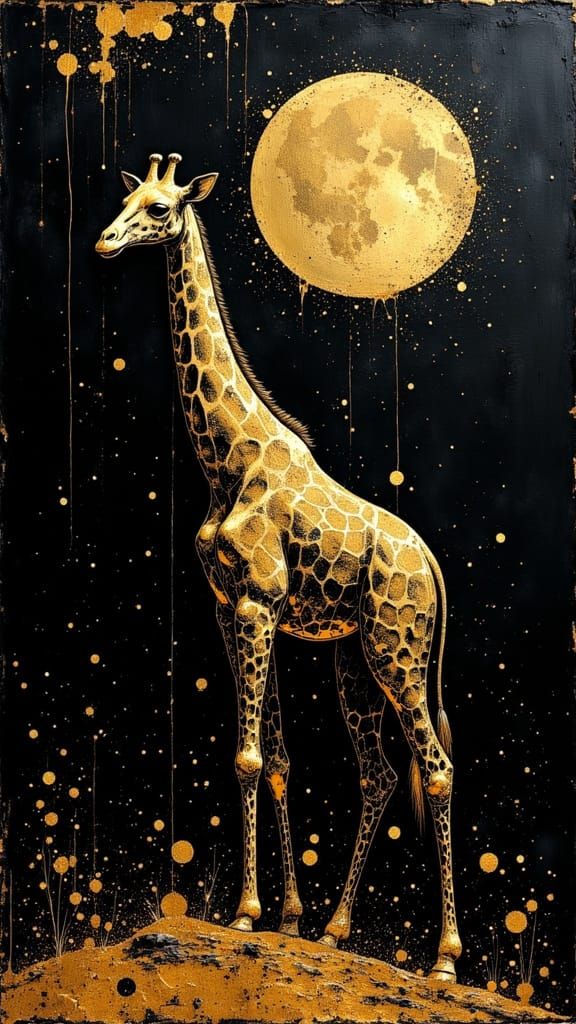 Divine Giraffe Painting in Burnished Gold and Oil Paint