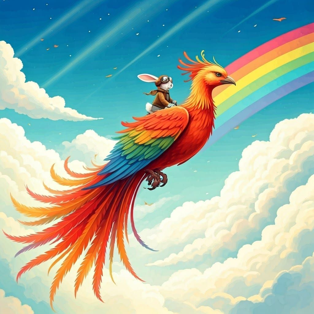 Whimsical Rabbit Soars Across Rainbow Bridge on Majestic Pho...