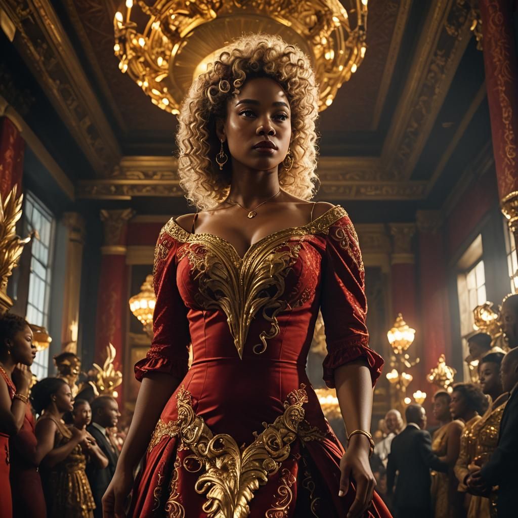 Powerful Woman in Red Dress with Golden Corn