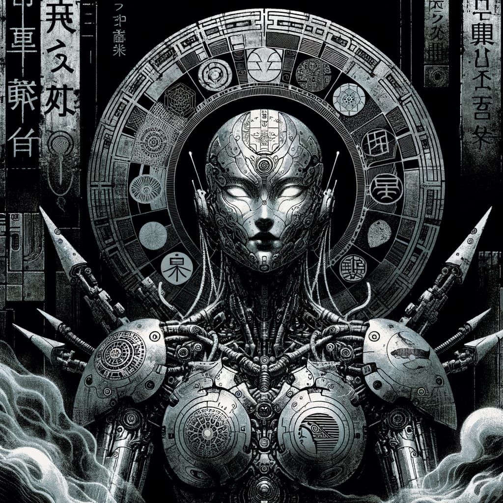 "Bio-mechanical enchantress; Imprinted_ stwiyh…ancient _runes_over_silver_chassis; inspired by “H R Giger_,Osamu Tezuka,...