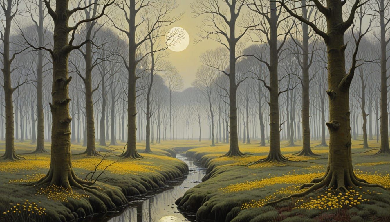 Ethereal Forest Under Silvery Moonlight in Expressive Art St...
