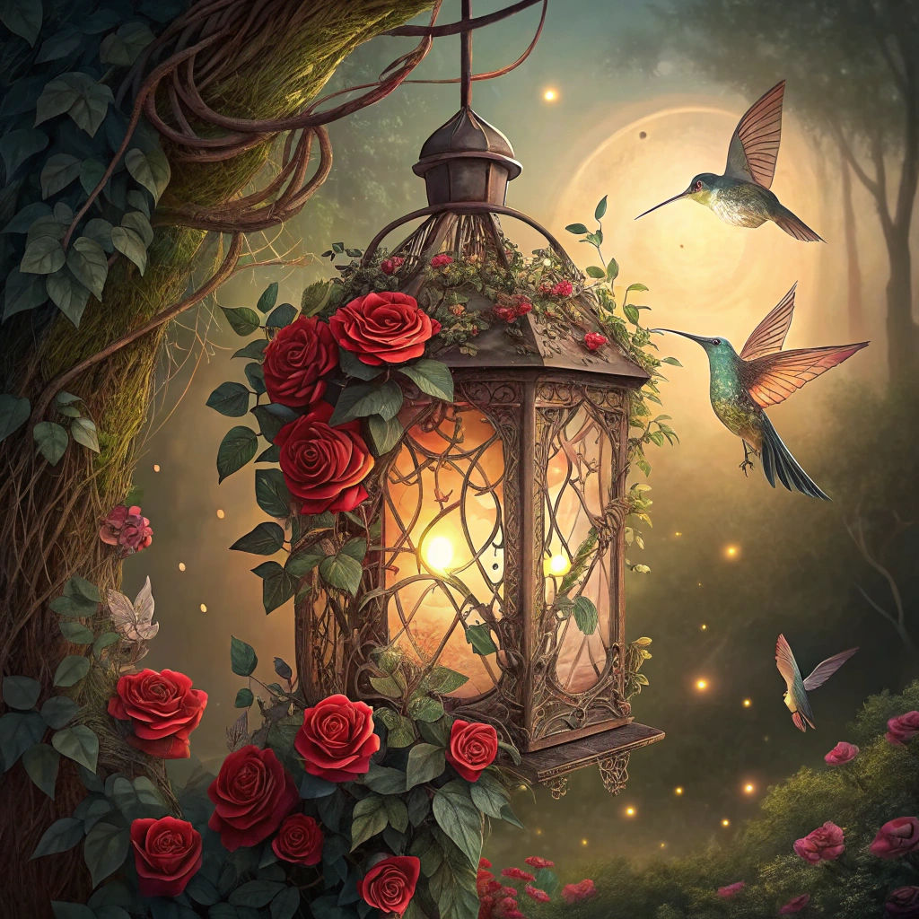 Enchanted Lantern with Fairies and Roses