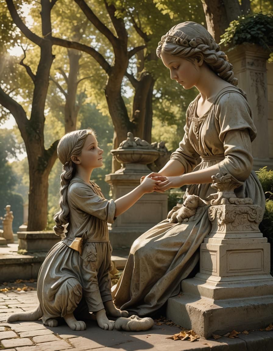 Girl with Cat: Neoclassical Outdoor Sculpture