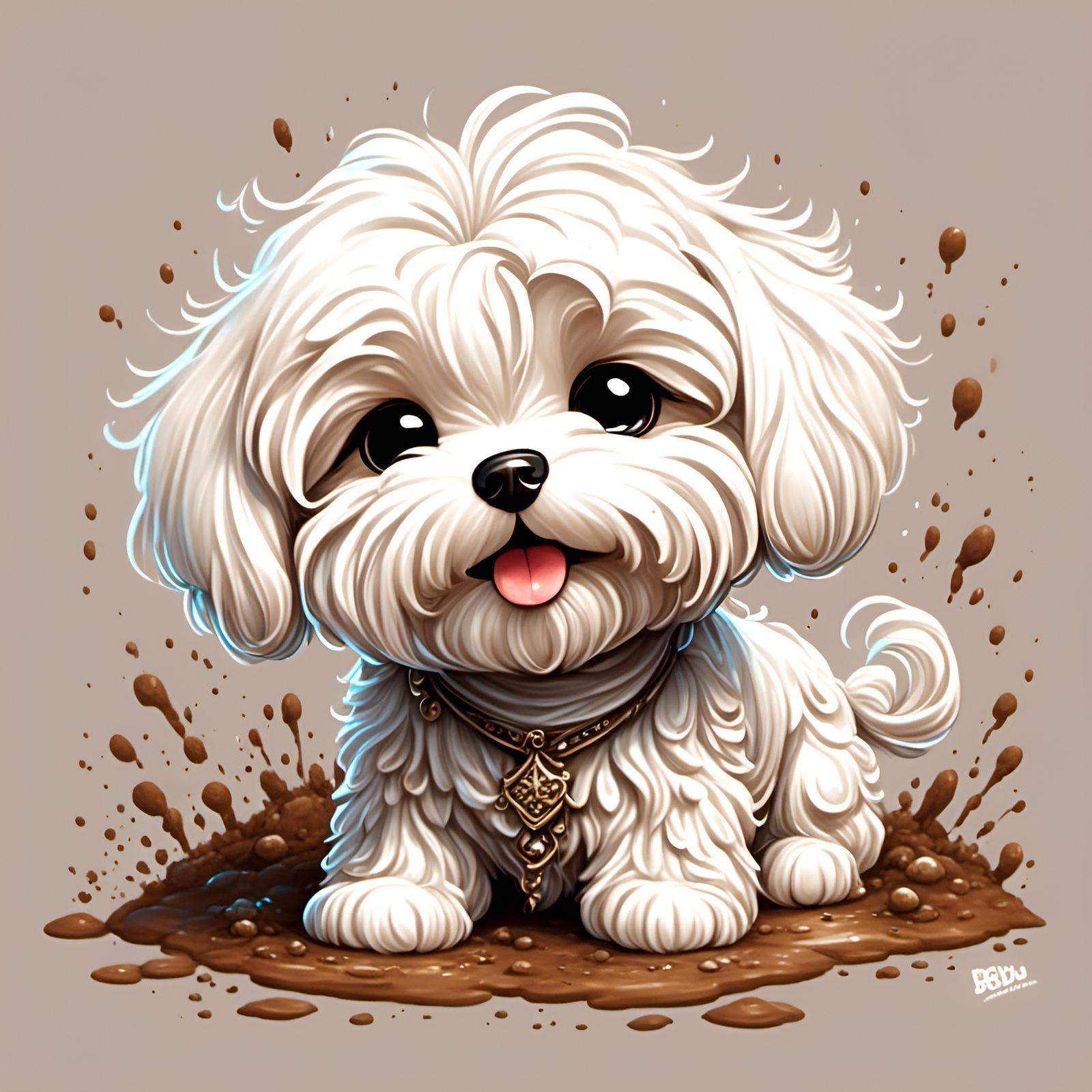 Adorable Muddy Maltese Dog in Chibi Style