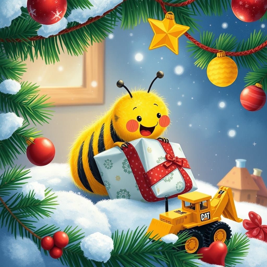 Caterpillar's Christmas Bulldozer: Whimsical Storybook Scene