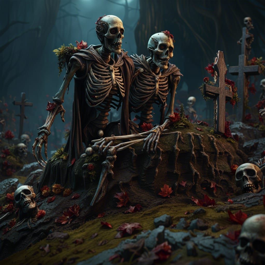 Rotting Zombies On Grave In Skeleton On Cross