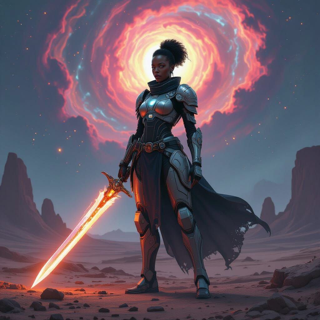 Cybernetic Warrior Wielding Cosmic Sword in Sci-Fi Landscape