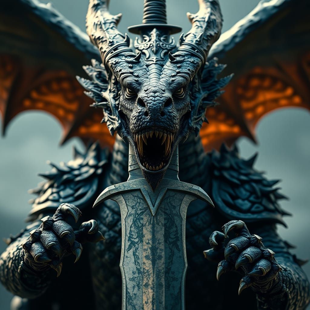 Fierce Dragon Warrior with Reflective Sword