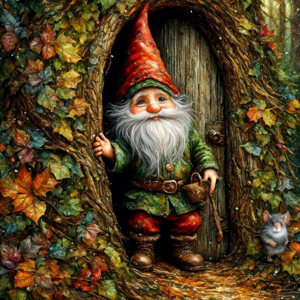 Whimsical Gnome and Mouse in Enchanted Forest