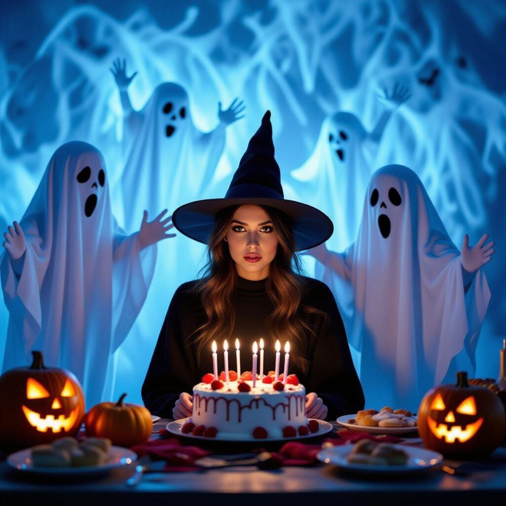 Spooky Birthday Party With Ghosts and Glowing Background