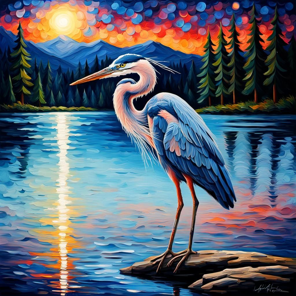 Blue Heron at Starry Lake: Impasto Oil Painting
