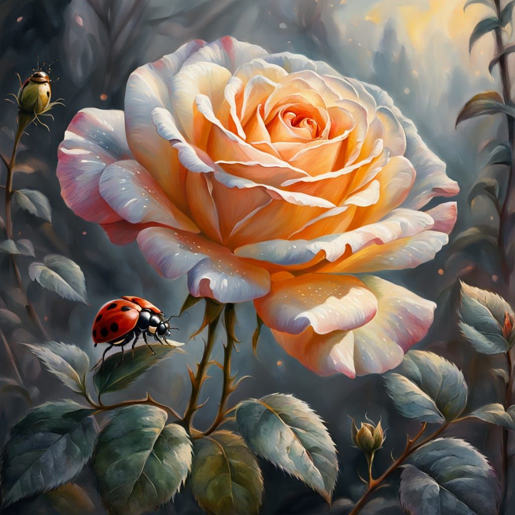 Rose and Ladybug: Ethereal Gouache Charcoal Drawing
