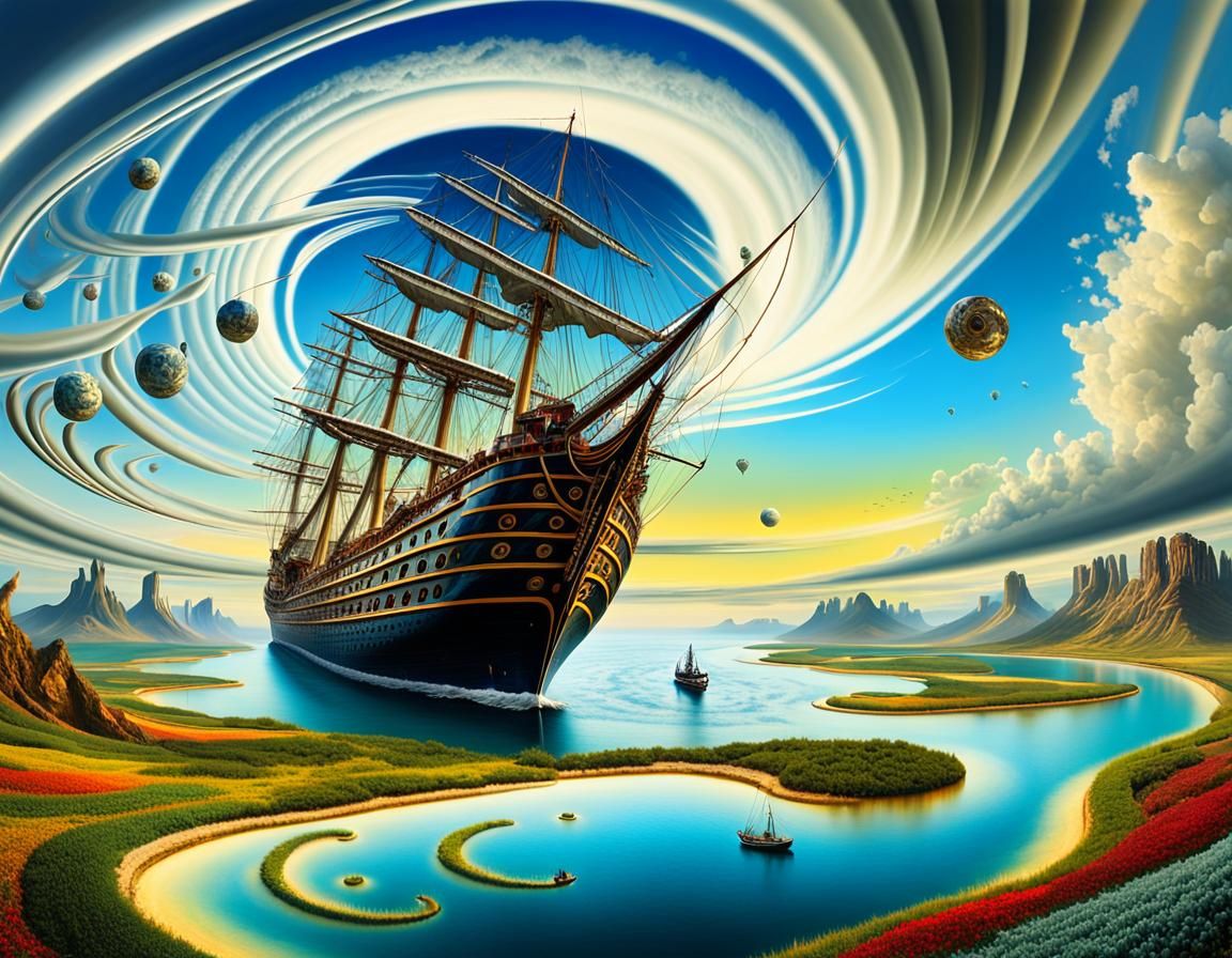 Surreal Landscape with Sailing Ship and Elastic Flora