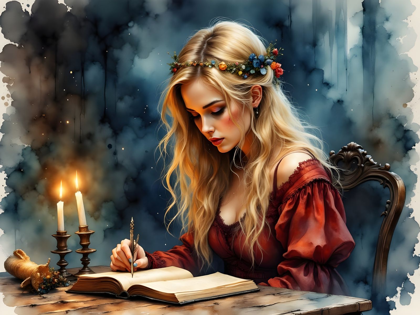 Norse Goddess Sága Writing in Dark Watercolor Style