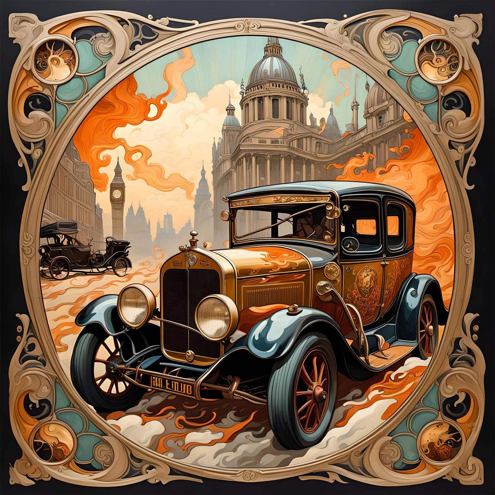 Steampunk London Car Chase in Art Nouveau Style