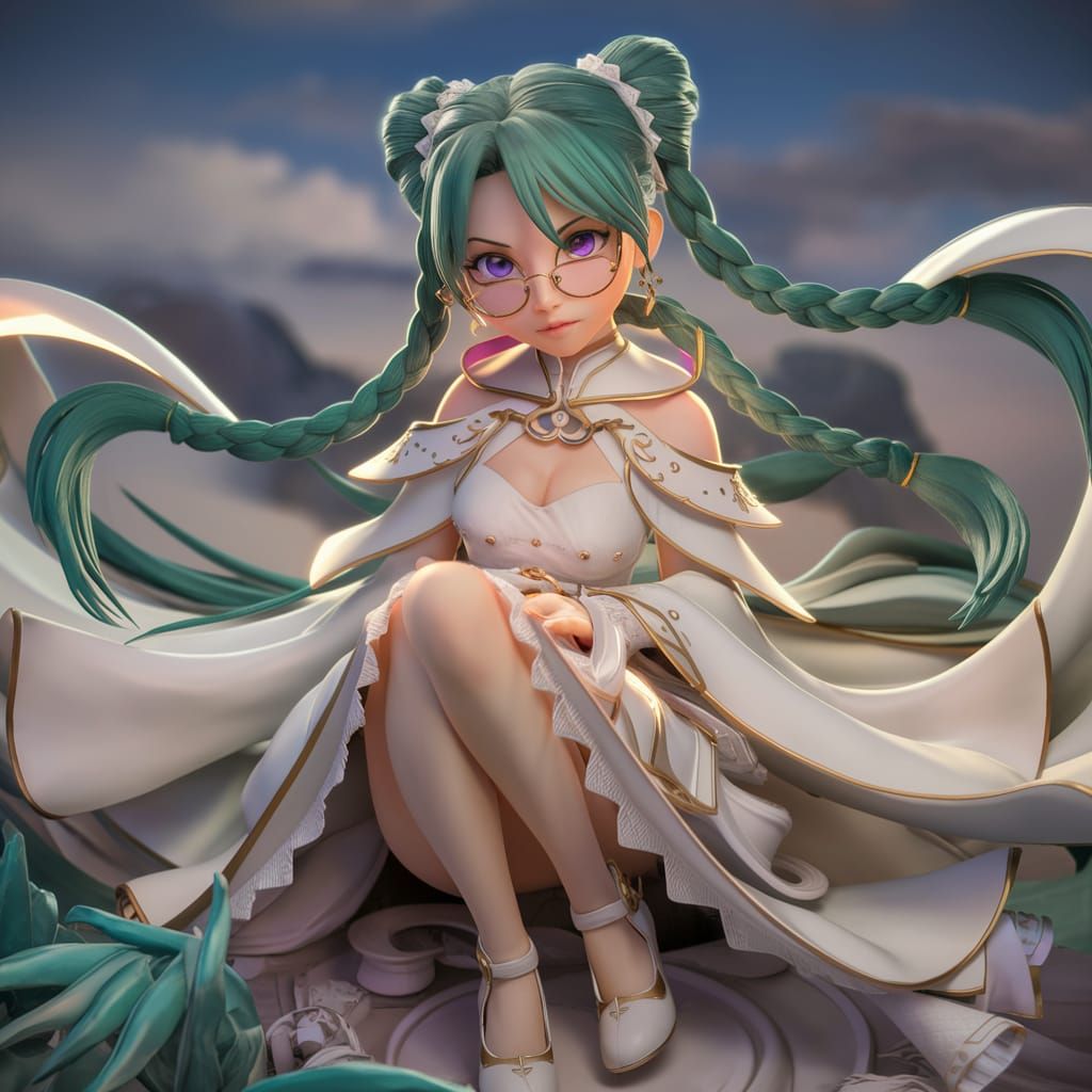 Anime Priestess with Emerald Hair in 3D