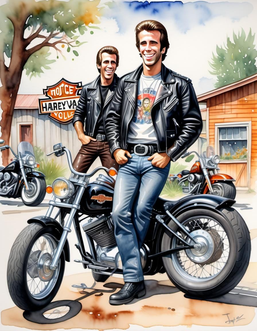 Cartoon Masterpiece: Young Biker Laughing with Motorcycle