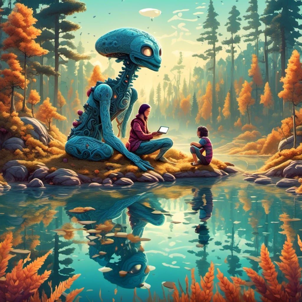 Heartfelt Camping Trip with Alien Son: Abstract Vector Art