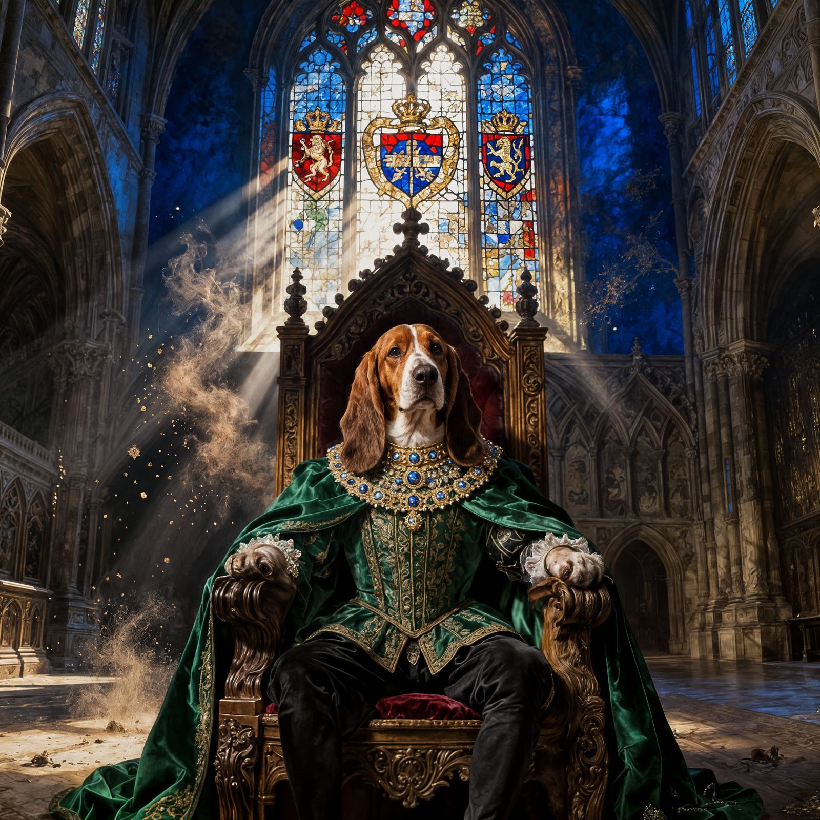 Regal Basset Hound King in Gothic Hall Oil Painting