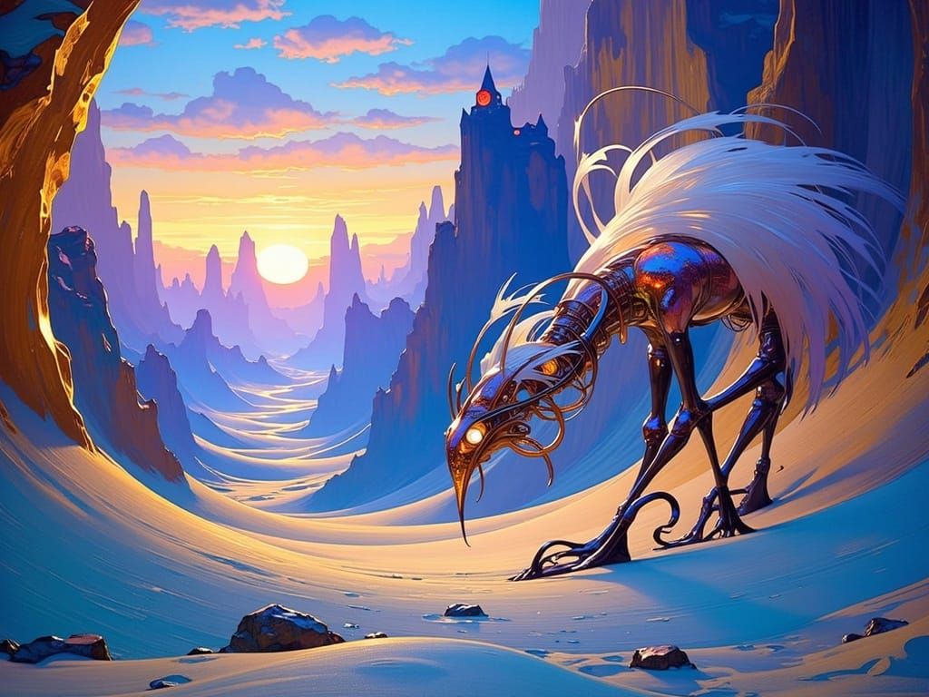 Surreal Art Nouveau Landscape with Metallic Hues and Iridesc...