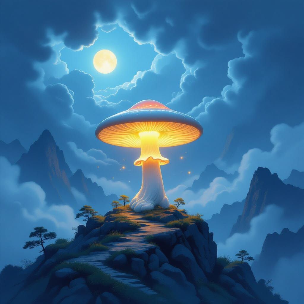 Glowing Mushroom on Mountain Peak Under Stormy Sky
