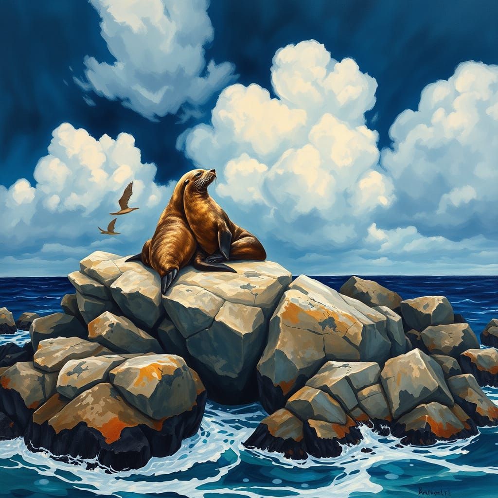 Epic Romantic Seals on Ocean Rocks in Impressionist Style