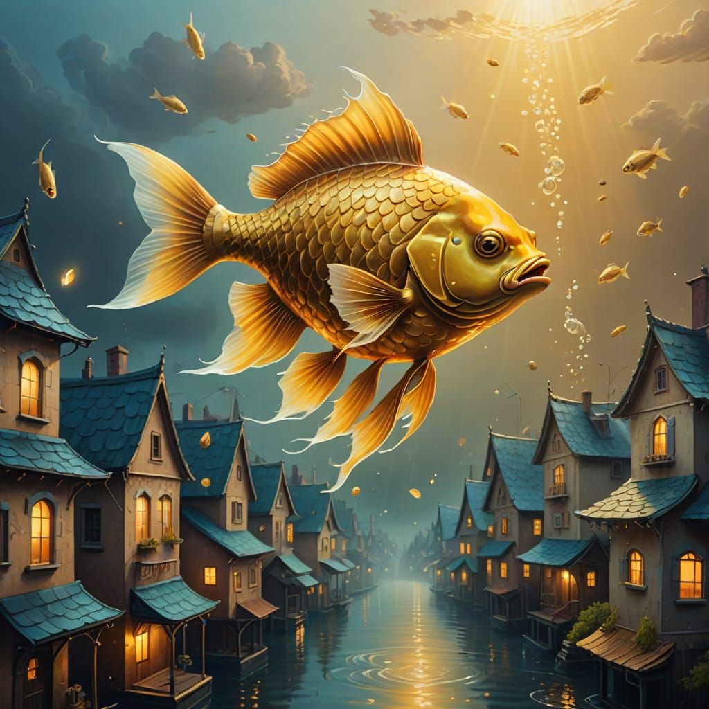 Golden Fish Swims Through Dreamy Surrealist Landscape