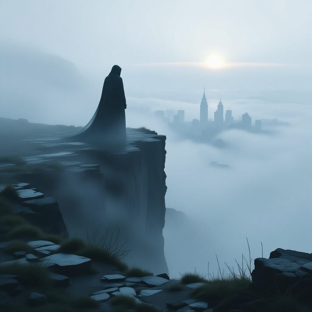 Figure in Mist at Cliff Edge in Dreamy Style