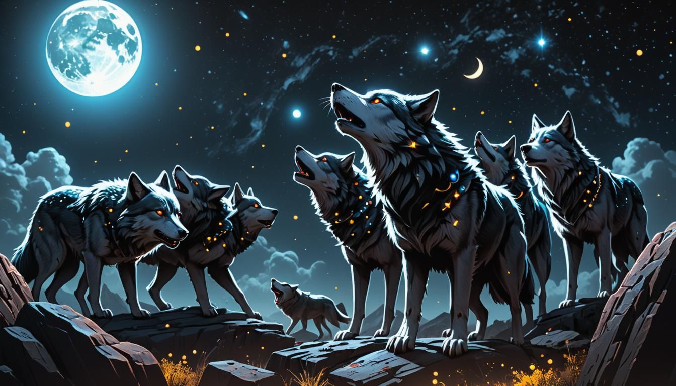 8k ,moon ,stars,perfect,love,peace,hyperreal,comic.smooth,werwolf pack howl,black background