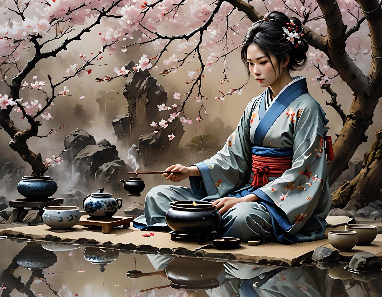 Zen Garden Tea Ceremony in Colorful Ink Flow Style