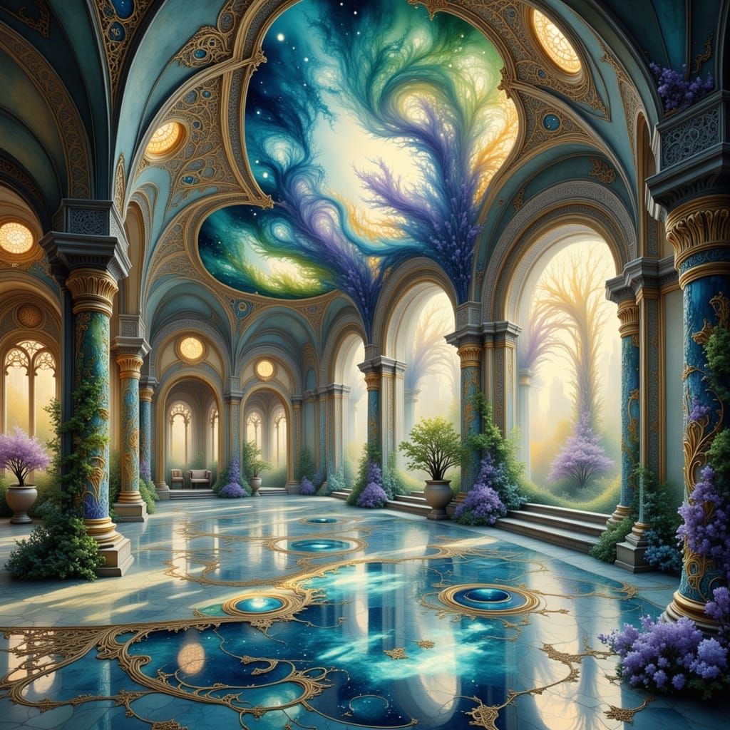 Kaleidoscopic Feather Courtyard in Surreal Style