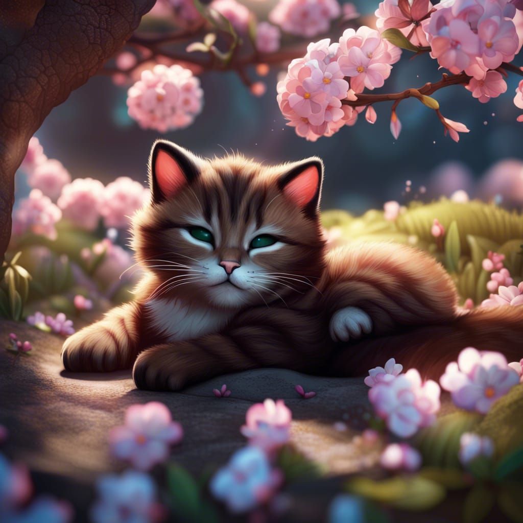 Cute Kitten Sleeping by Blossom Tree