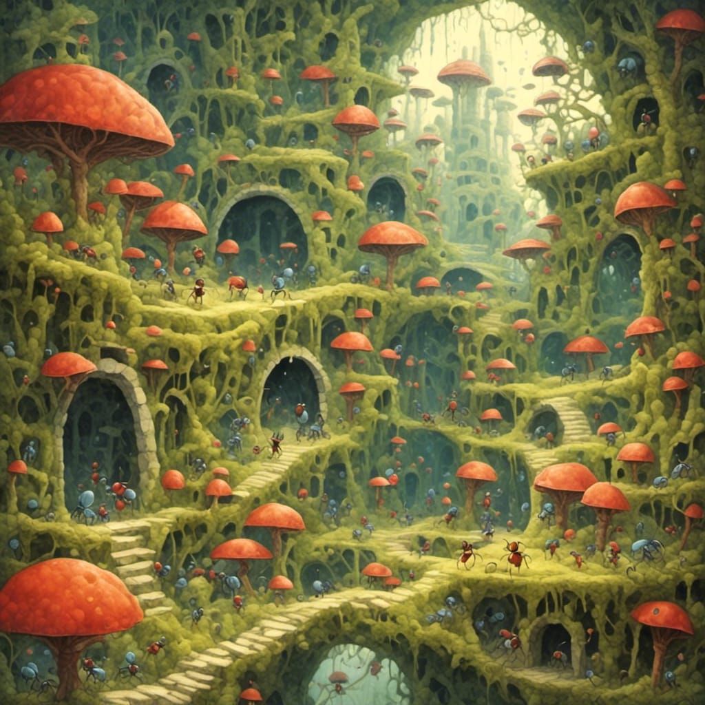 Detailed Gouache Painting of an Ant City