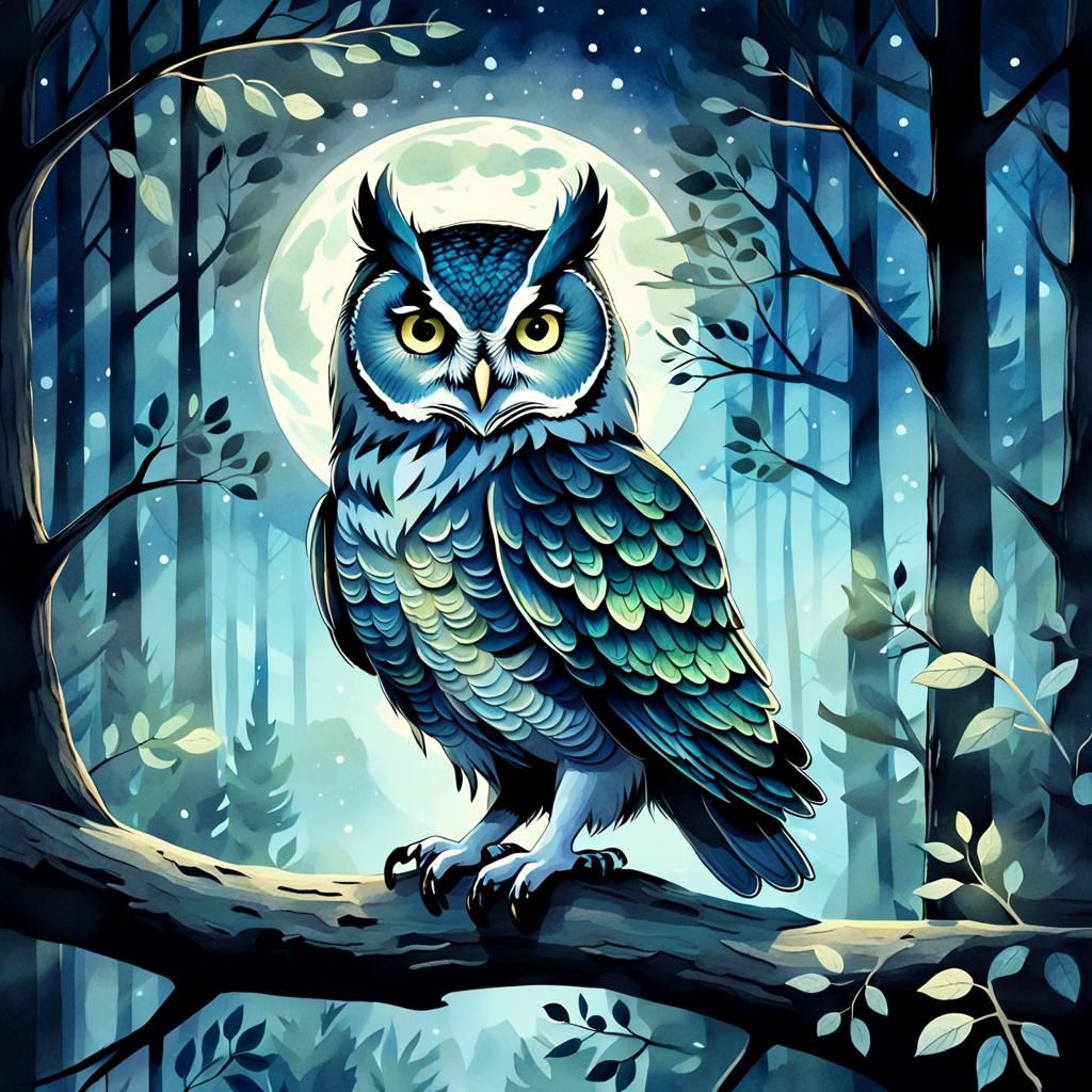 Watercolor Owl Portrait in Misty Forest