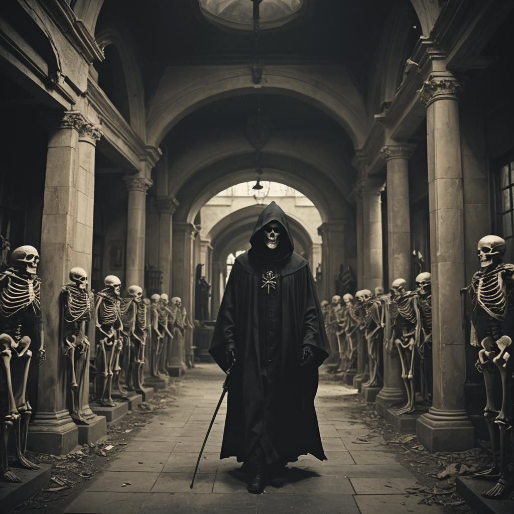 grim reaper walking into a college lecture in classical hall...