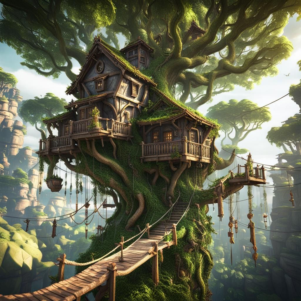 Forest Treehouse City in 3D Game Style