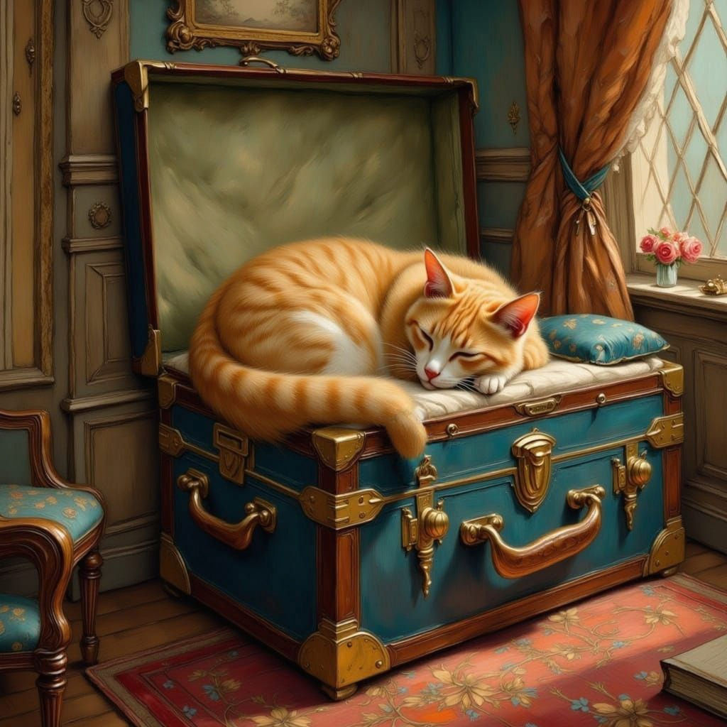 Ornate Suitcase with Snoozing Cat in Golden Age Illustration
