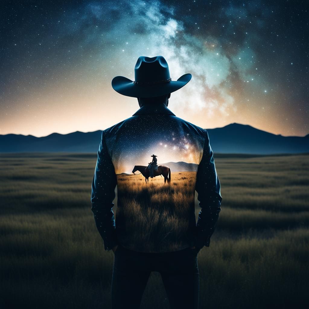 Cowboy and Starry Sky in Double Exposure Style