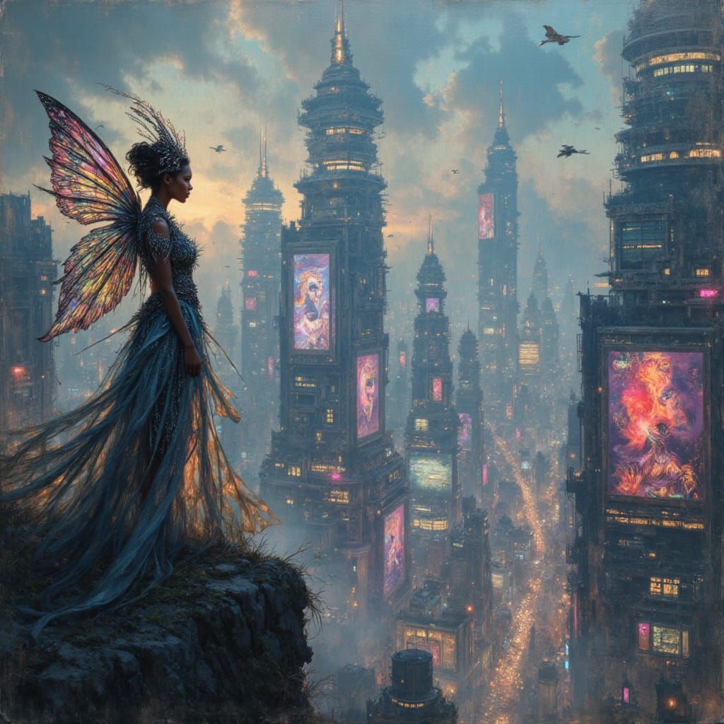African Fairy Goddess in Cyberpunk Cityscape