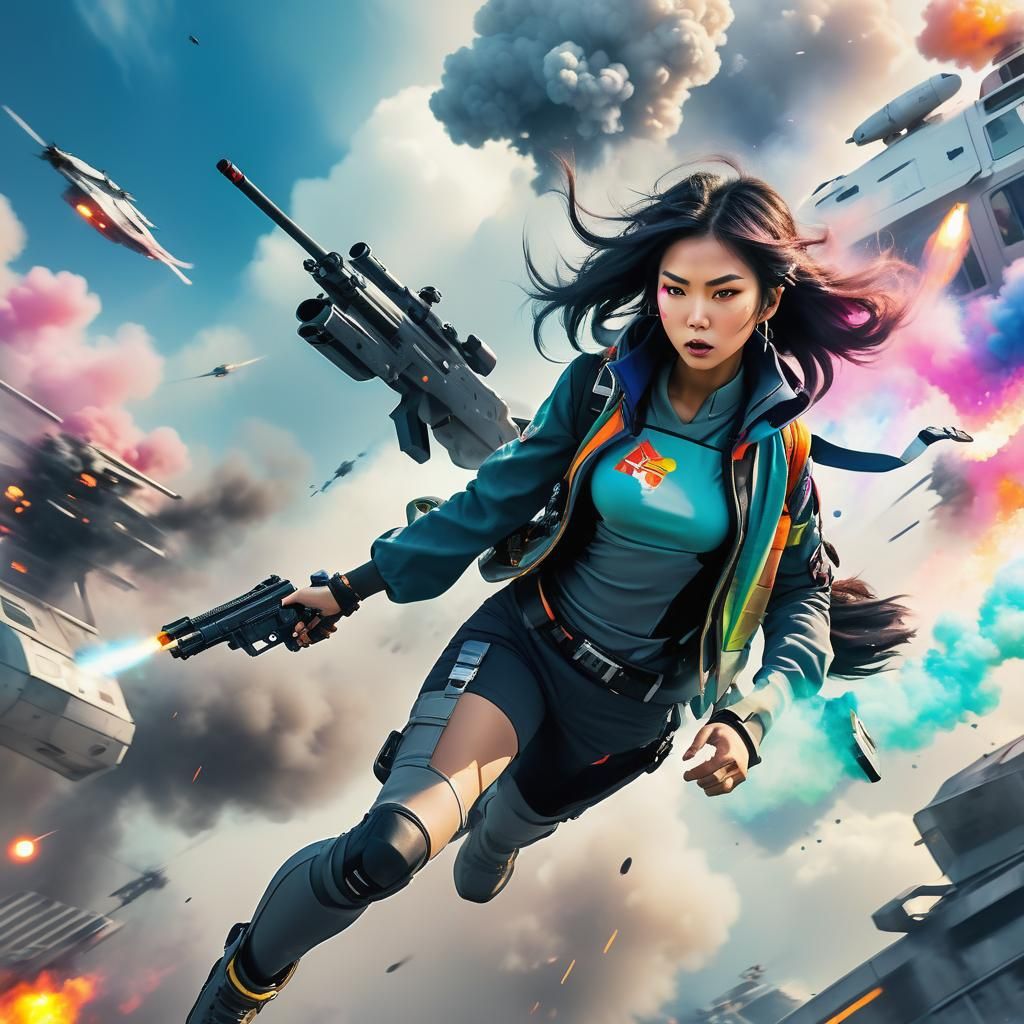 Cosplayer Fires Gun from Futuristic Helicopter in Anime Styl...