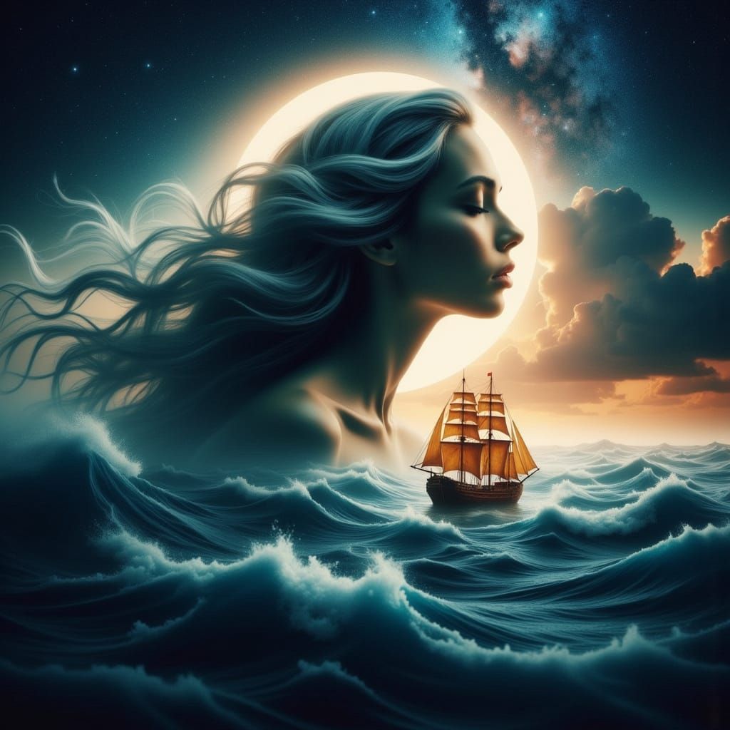 Surreal Space Goddess in Golden Pirate Ship