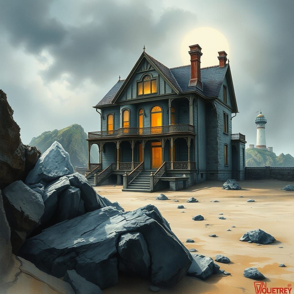 Ethereal Victorian Ruin Swallowed by Tempestuous Sea Fret