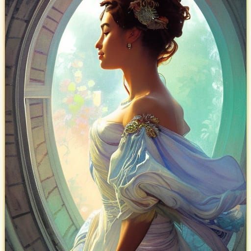 Brazilian Princess in Sapphire Dress: Art Nouveau Portrait