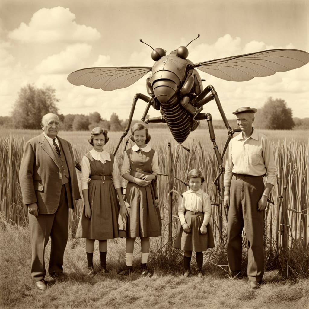 Vintage Family Portrait with Folkloric Robots and a Giant In...