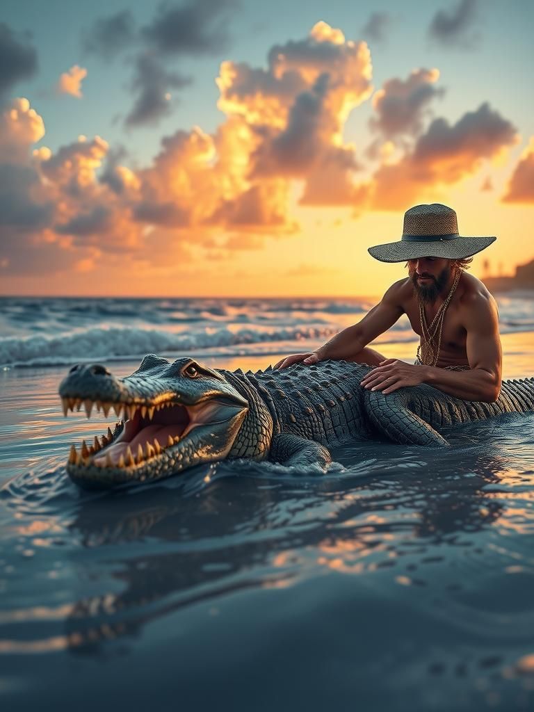 Man and Crocodile on Florida Beach