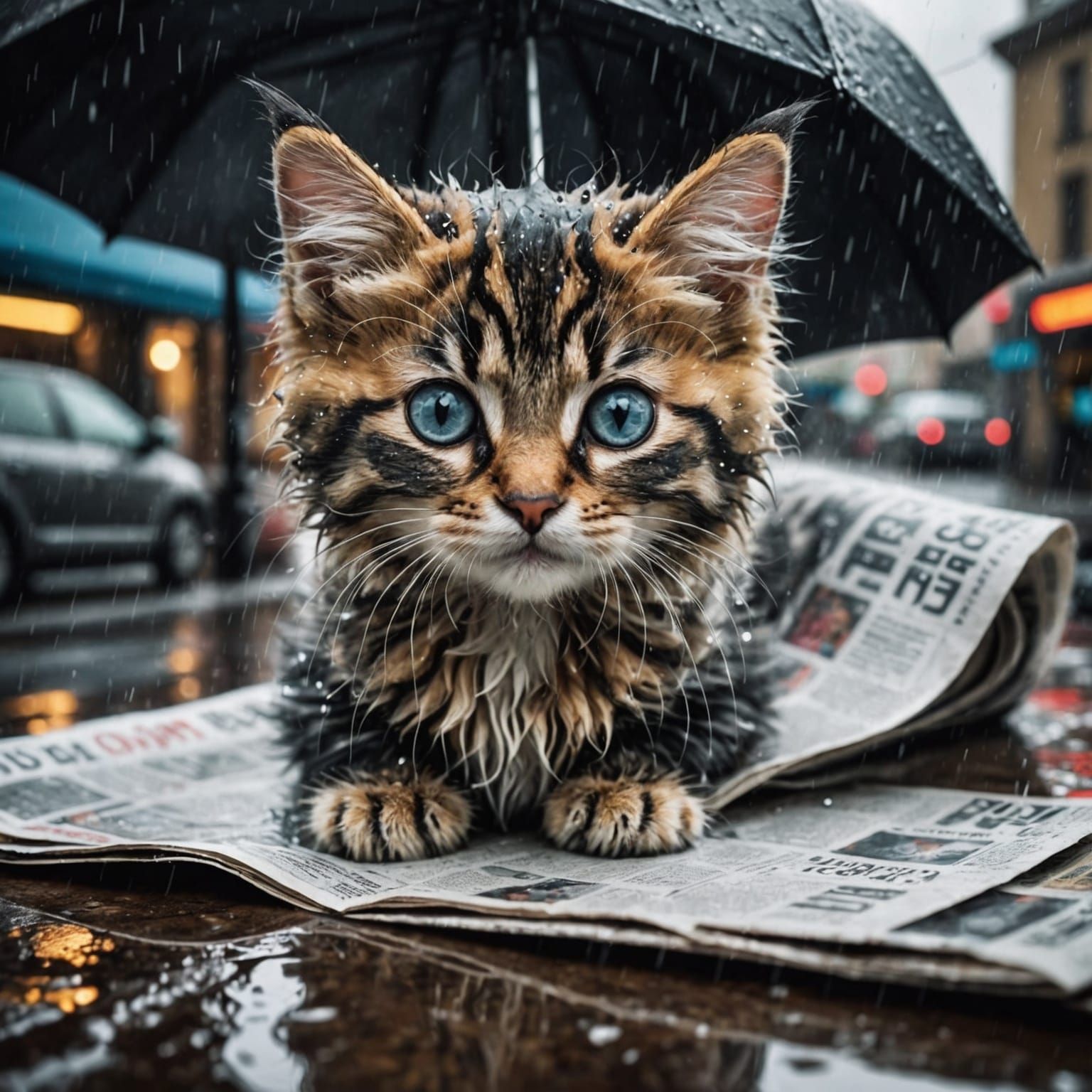 Sorrowful Wet Kitten Seeks Shelter from Rain