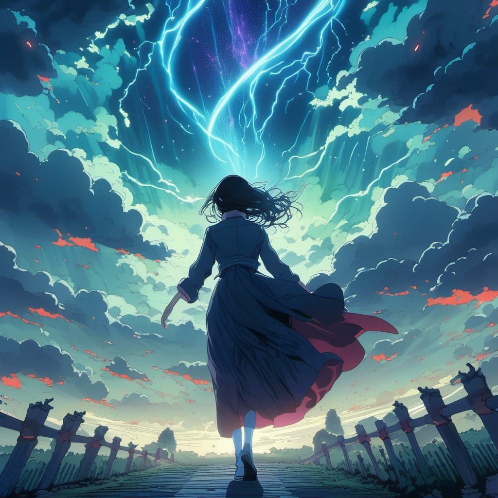Anime Woman in Thunderstorm with Stardust