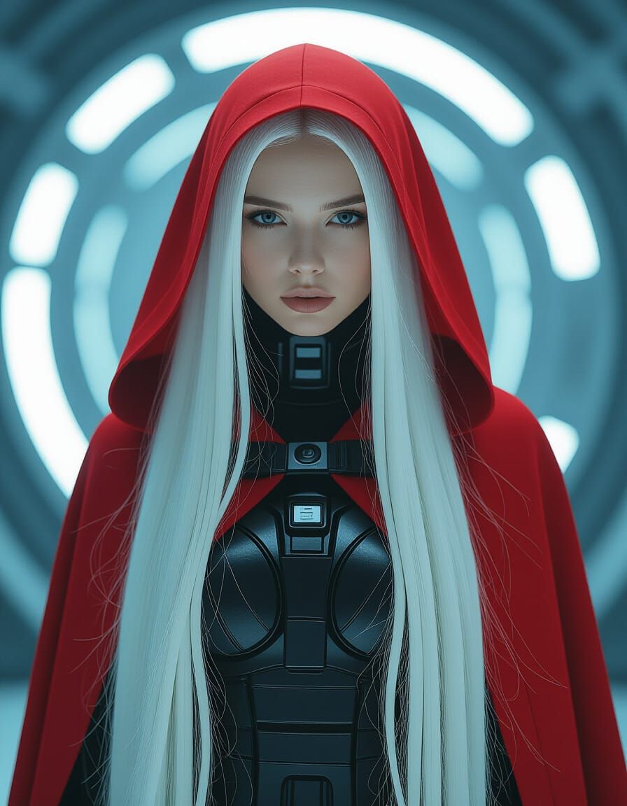 Cybernetic Little Red Riding Hood in Futuristic Film Still