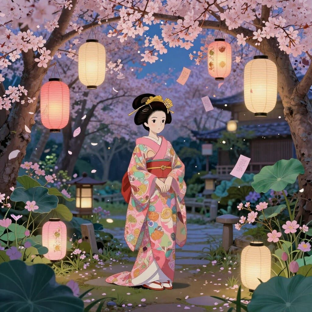 Whimsical Geisha in Twilight Japanese Garden